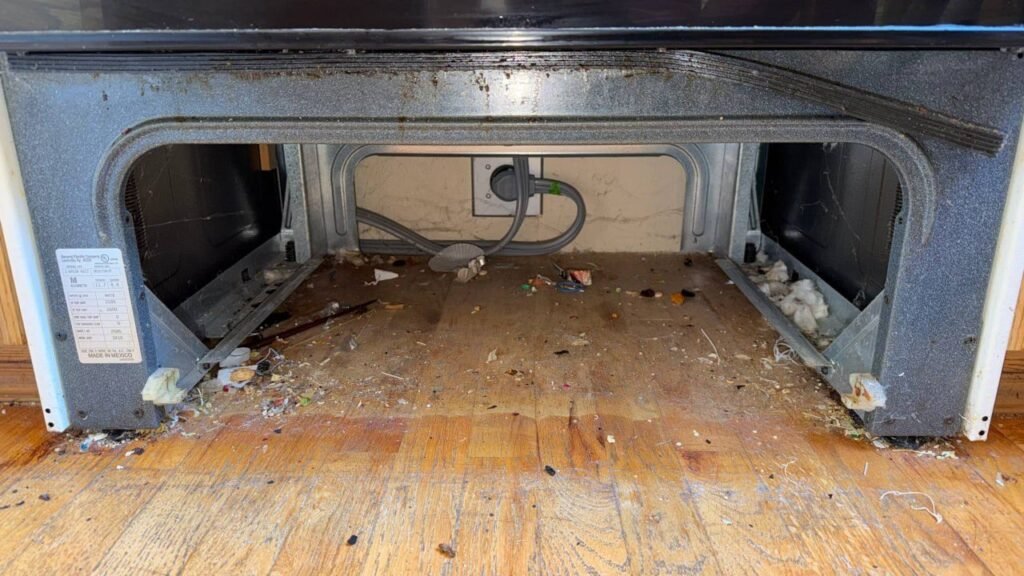 Hardwood floor under an electric range covered in crumbs, food scraps and debris before JenyClean move-out cleaning in Bellevue, WA