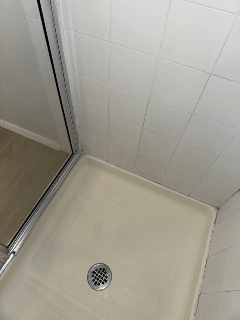 Shower pan with stains removed and clean grout after JenyClean deep cleaning in Bothell, WA