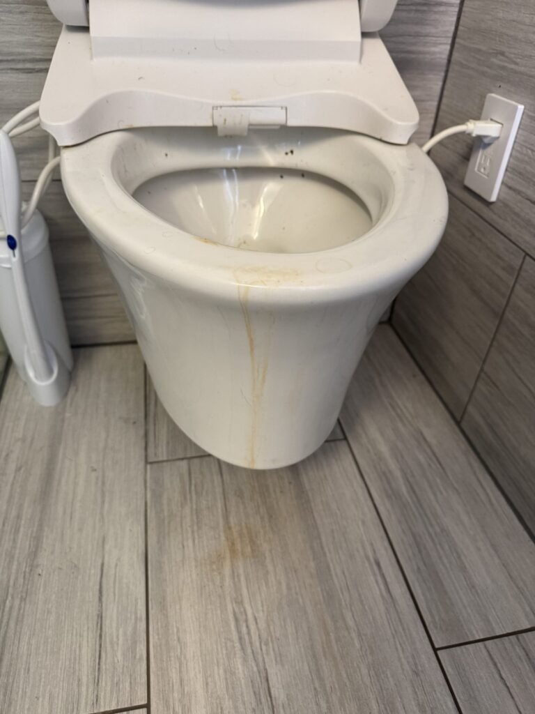 Toilet with bidet seat and rust-colored drip streaks on the bowl before JenyClean two-bathroom deep cleaning in Issaquah, WA