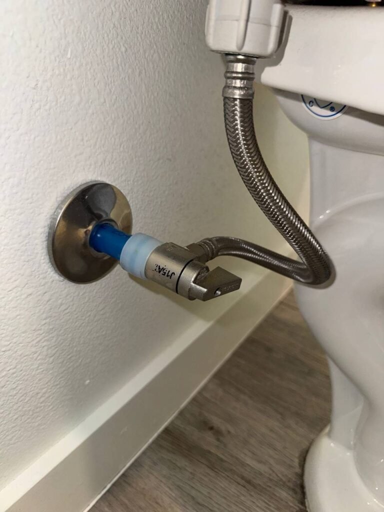 Clean toilet supply line, shutoff valve and shiny wall plate after JenyClean deep cleaning in Issaquah, WA