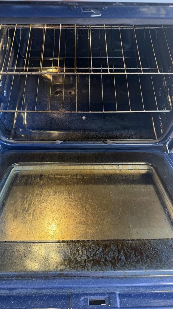 Oven door glass and interior with brown baked-on grease and carbon spots before JenyClean oven cleaning in Renton, WA