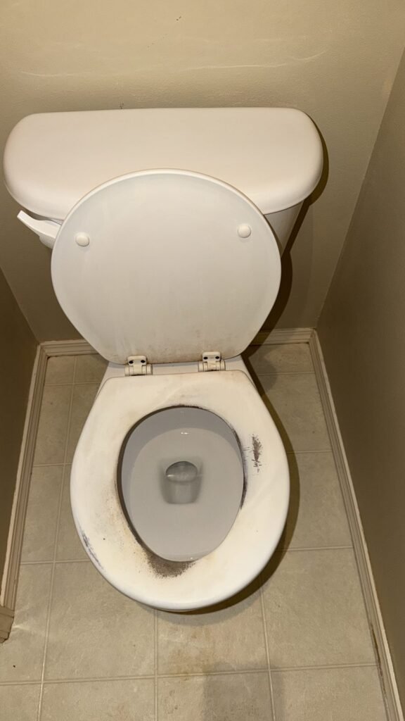 White toilet with clean tank, lid, hinges and vinyl floor after JenyClean move-in cleaning in Renton, WA