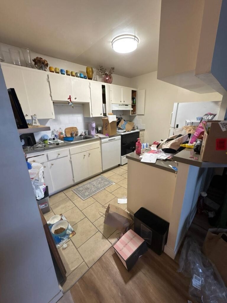 Cluttered kitchen with boxes, bags and items on counters and floor before JenyClean cleaning and organizing in Seattle, WA