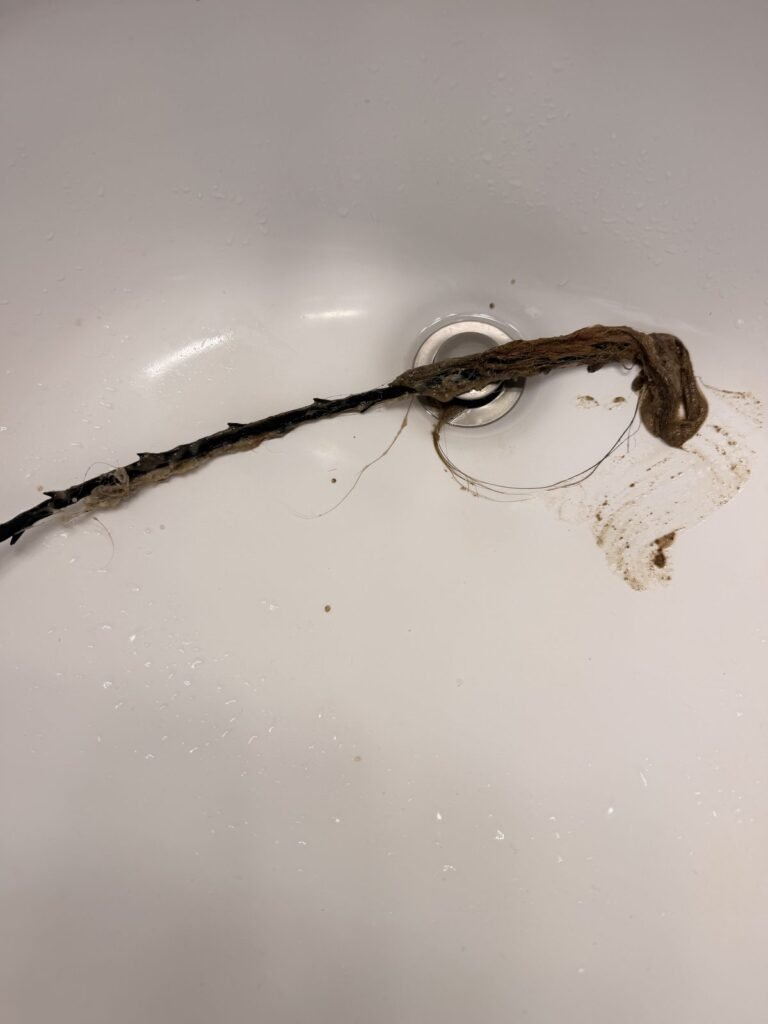 Clump of hair pulled from a bathroom sink drain with a plastic drain hook during JenyClean deep cleaning in Seattle, WA