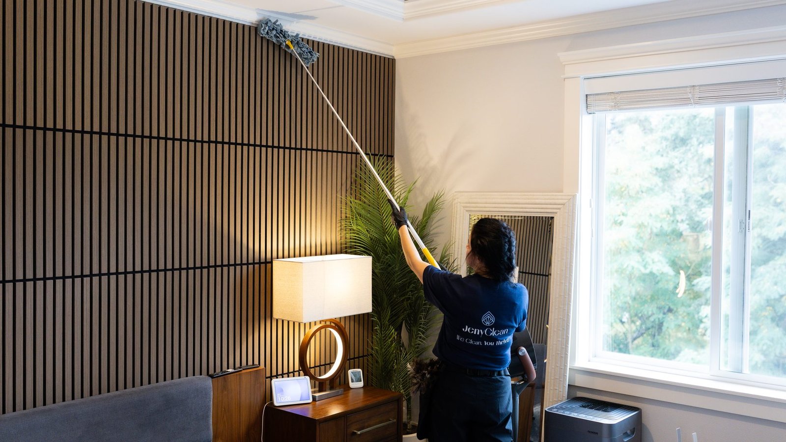 JenyClean cleaner dusting a bedroom ceiling corner with an extension duster
