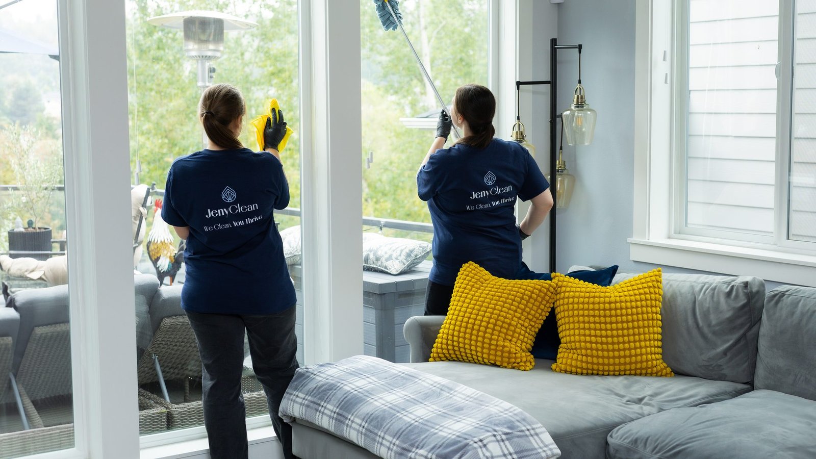 Two JenyClean cleaners wiping windows and dusting the top of a window frame with an extension duster
